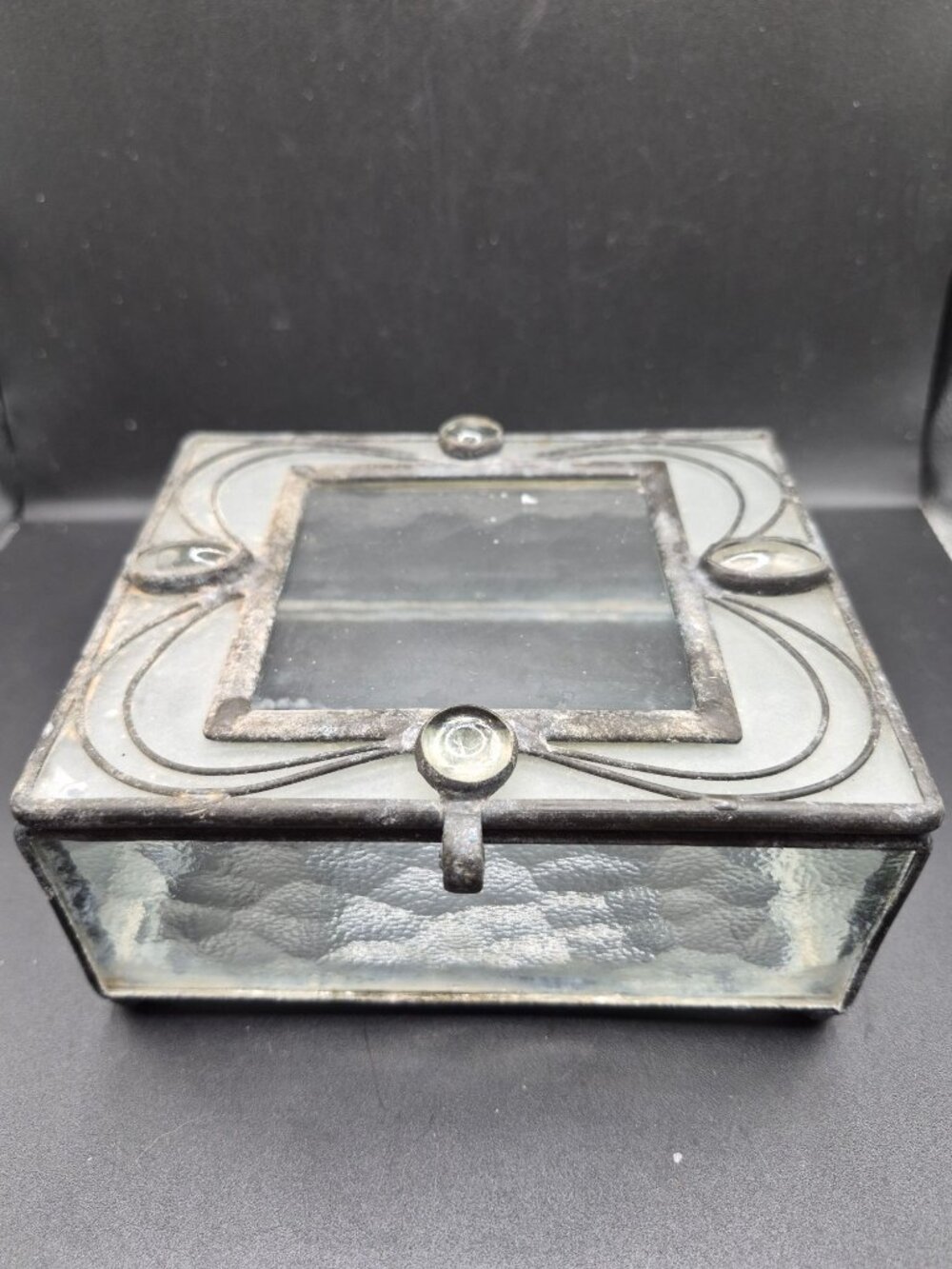 Vintage Stained Glass Jewelry Trinket Box With Clear Bubble Accents & Hinged Lid